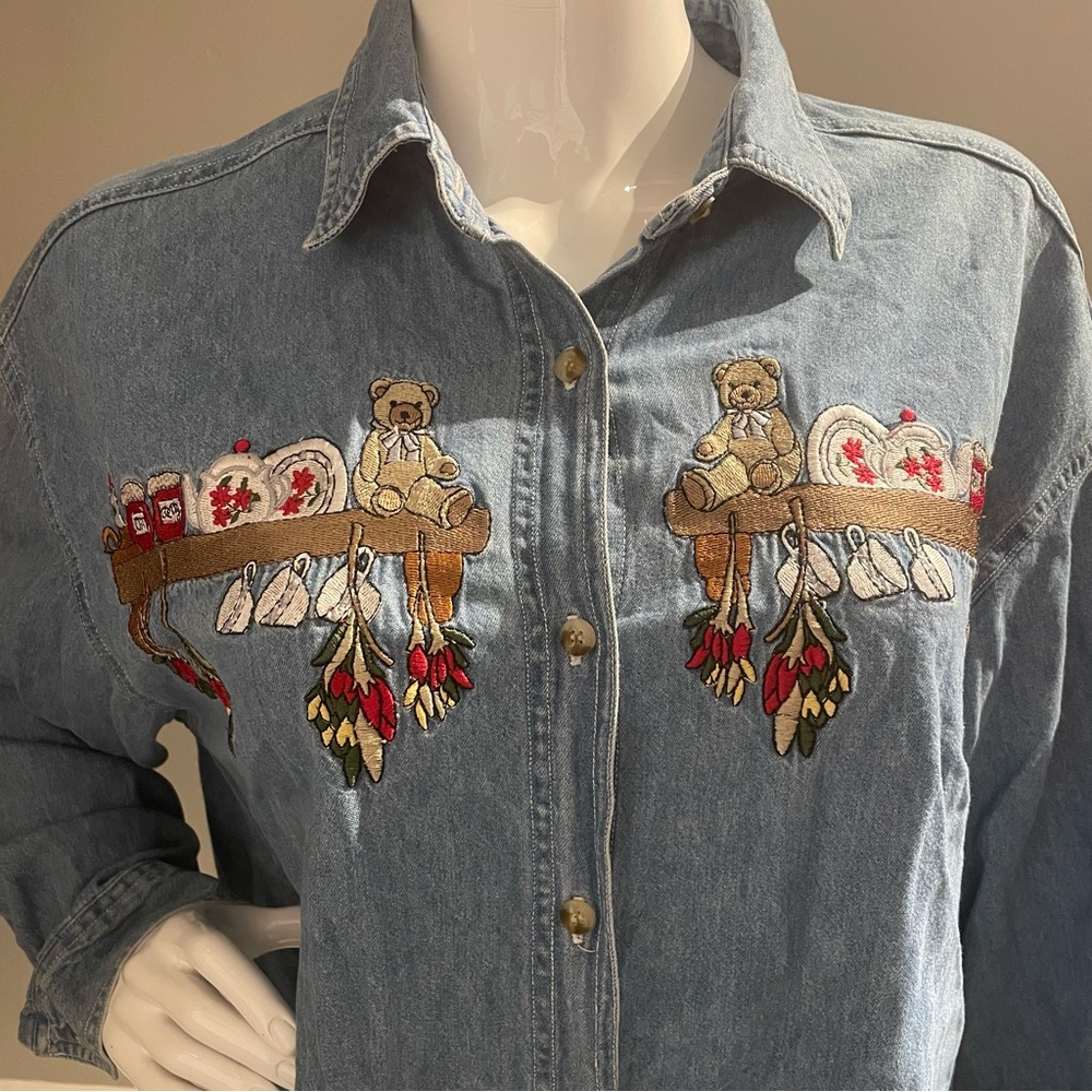 Fashion Bug cottagecore 90s denim top teddy bears teacups jam dried flowers Lg